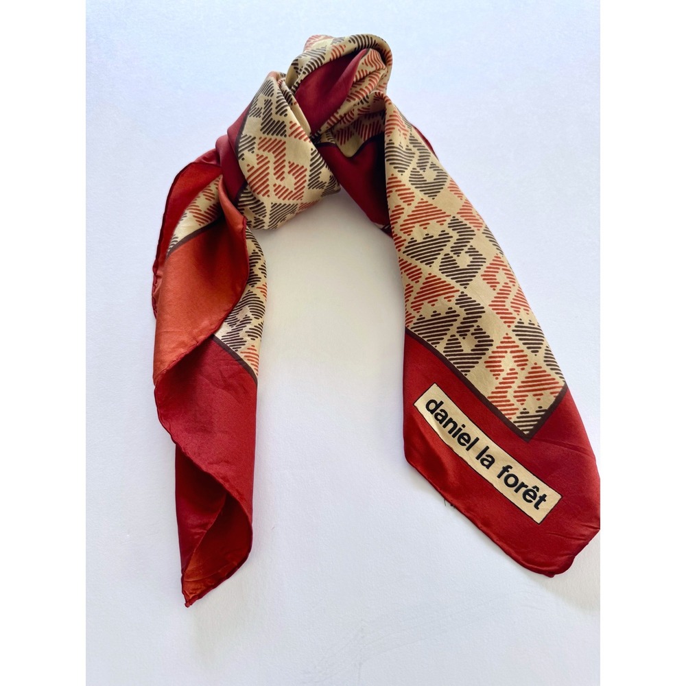 Vintage Burgundy Daniel la Forêt Neckerchief Silky Satin Geometric Pattern